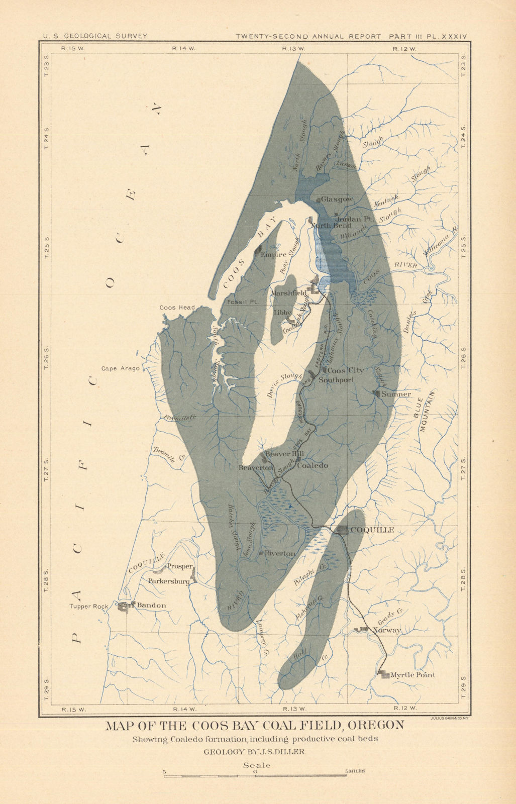 Map of the Coos Bay coal field, Oregon. US Geological Survey 1902 old