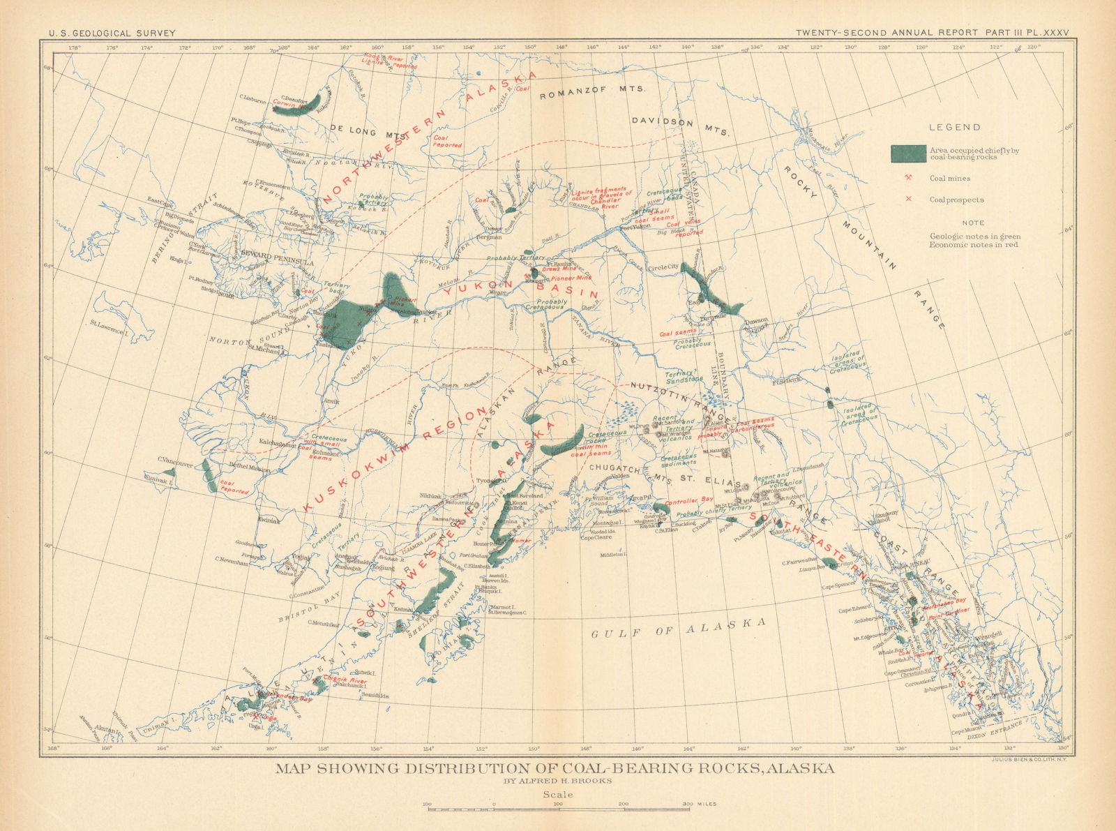 Alaska. Distribution of coal-bearing rocks. US Geological Survey 1902 old map