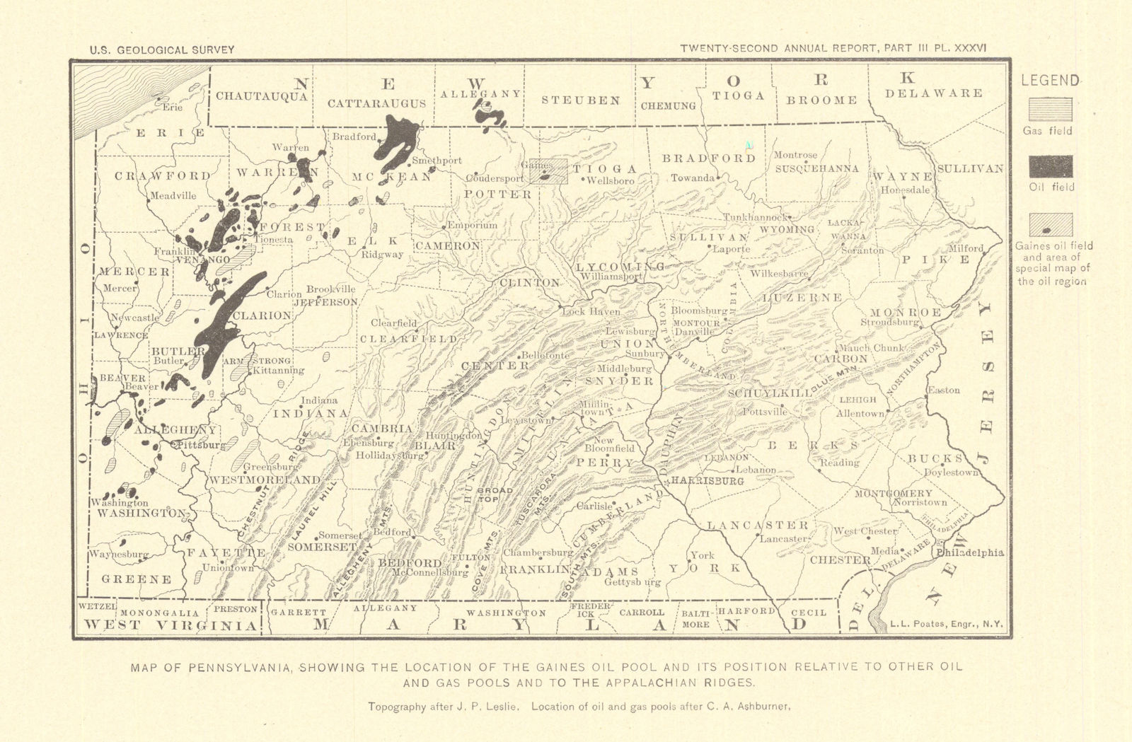 Gaines oil pool Pennslyvania. Relative position Appalachian Ridges USGS 1902 map