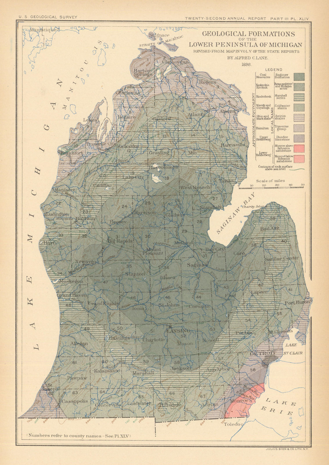 Lower Peninsula of Michigan geological formations. US Geological Survey 1902 map