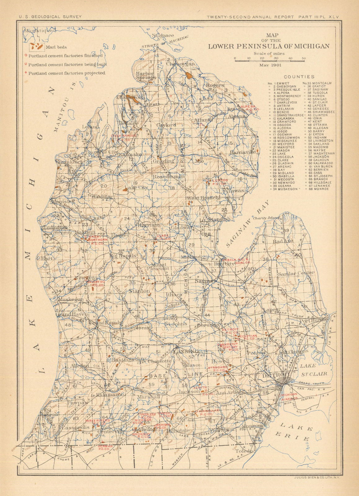 Lower Peninsula of Michigan showing marl beds & cement factories. USGS 1902 map