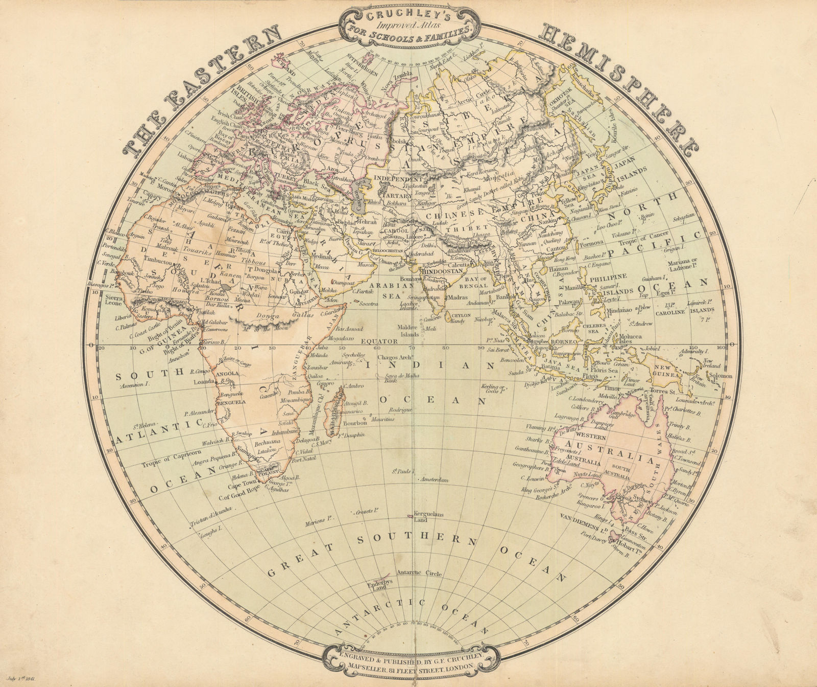The Eastern Hemisphere. Eurasia & Africa. Antique map by George Cruchley 1843