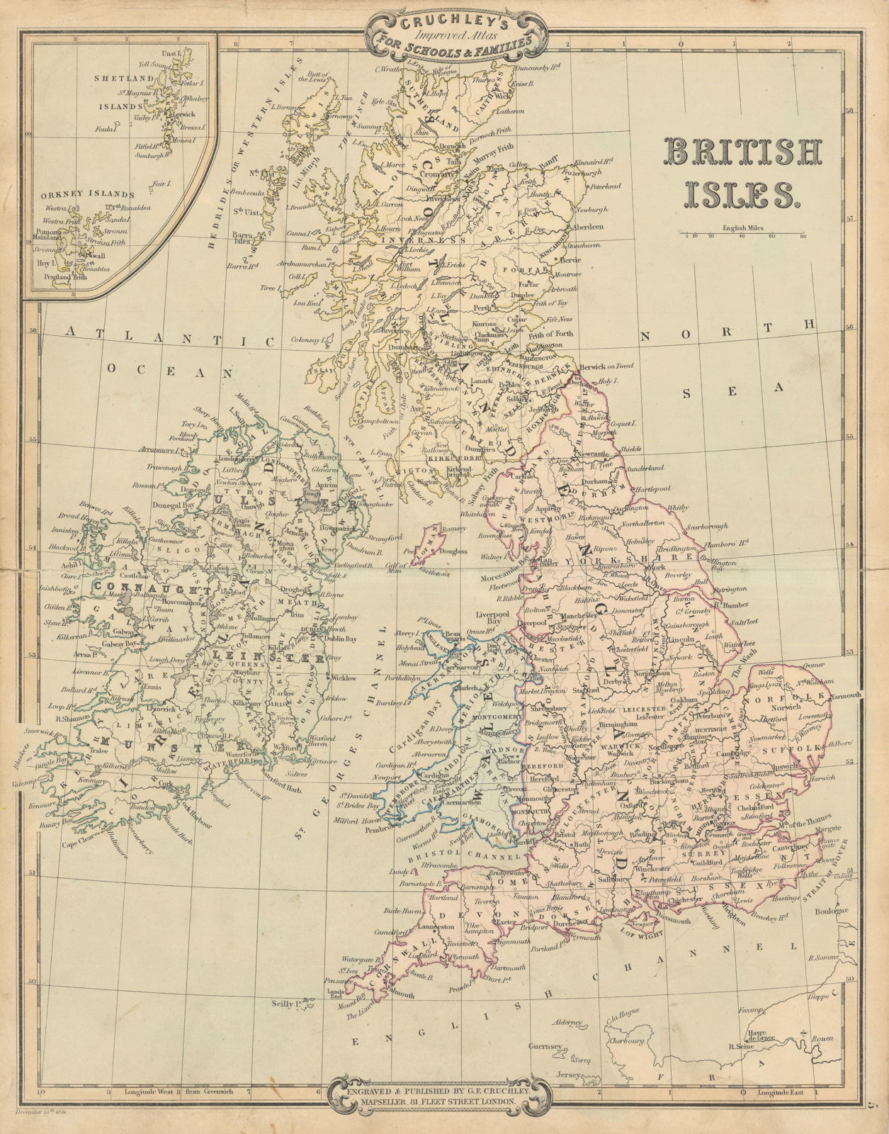 British Isles. Decorative antique map by George Cruchley 1843 old