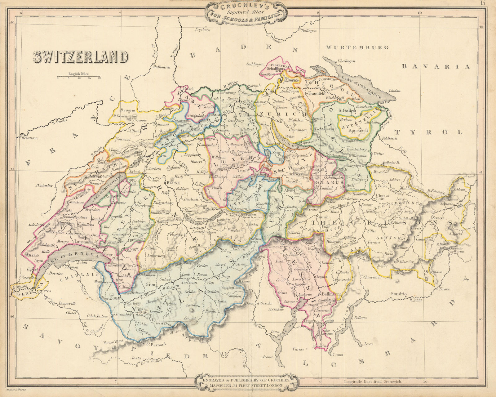 Switzerland. Decorative antique map by George Cruchley 1843 old