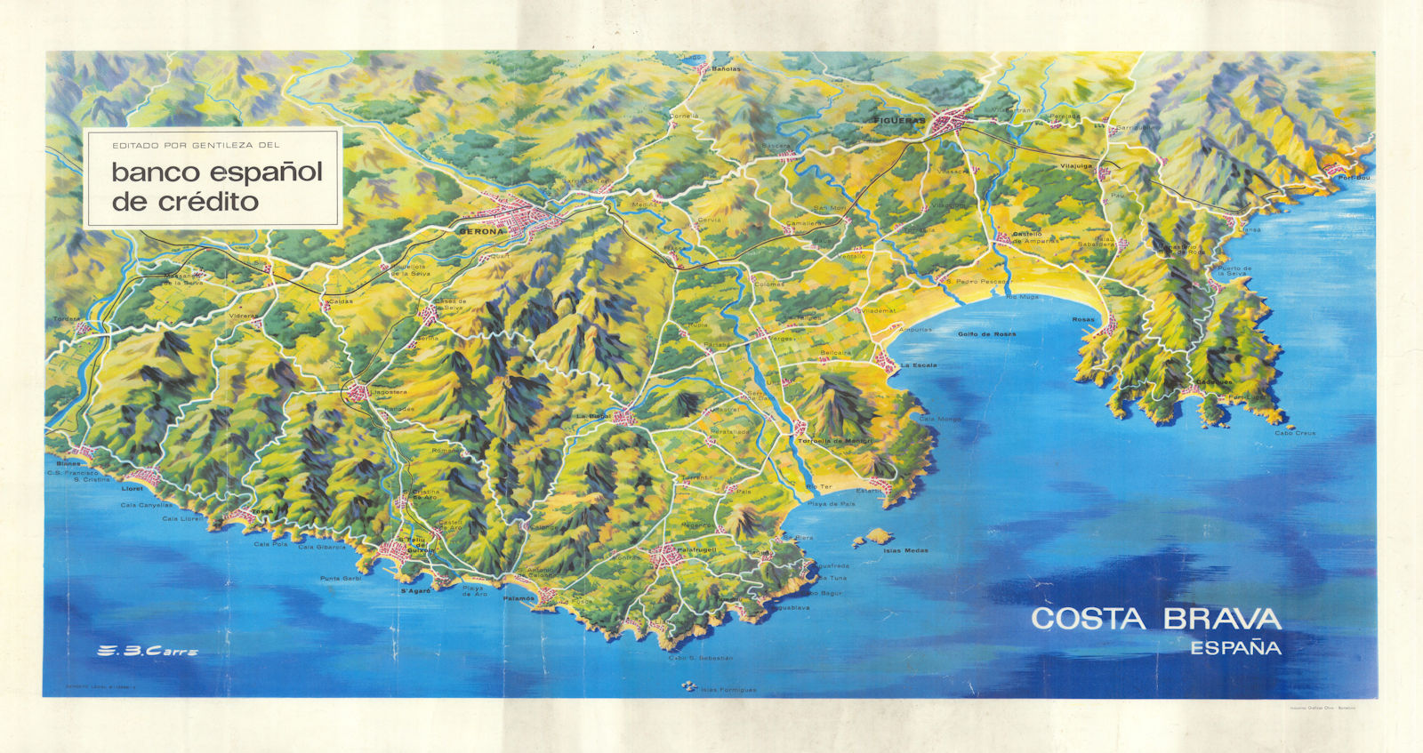 Costa Brava bird's eye panorama Lloret Tossa Cadaqués Calella. EB Carre 1962 map