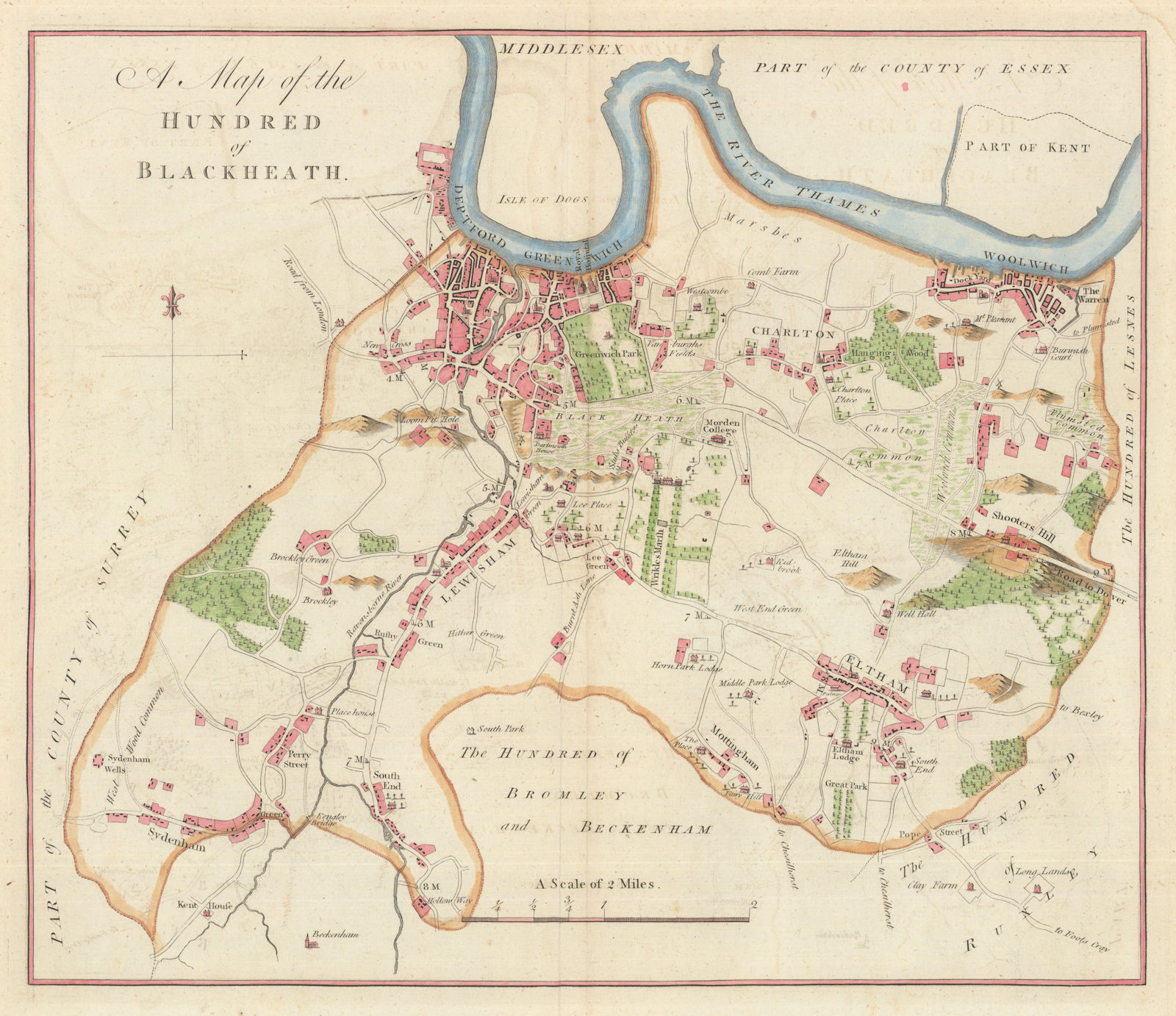 A Map of the Hundred of Blackheath, London. HASTED 1788 old antique chart