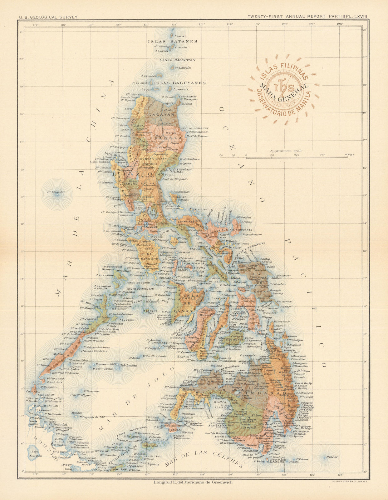 Islas Filipinas - Mapa General. Philippines. US Geological Survey USGS 1900