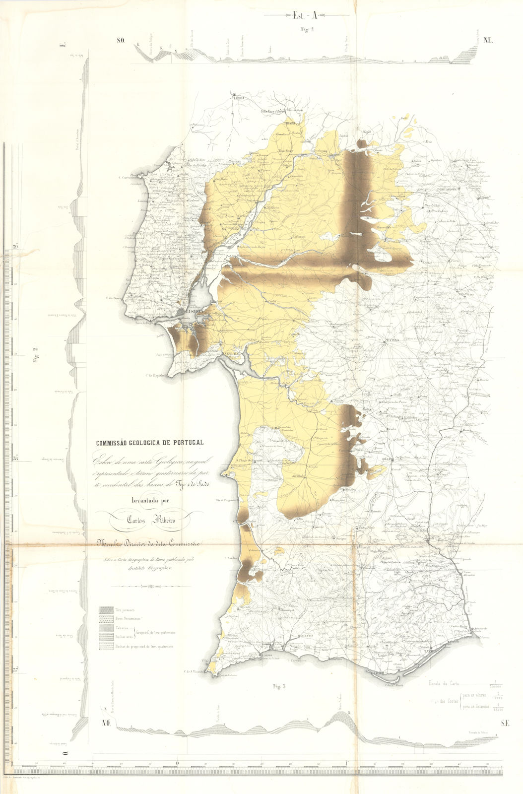 Comissão Geológica de Portugal. Tagus/Sado basin geology Carlos Ribeiro 1875 map