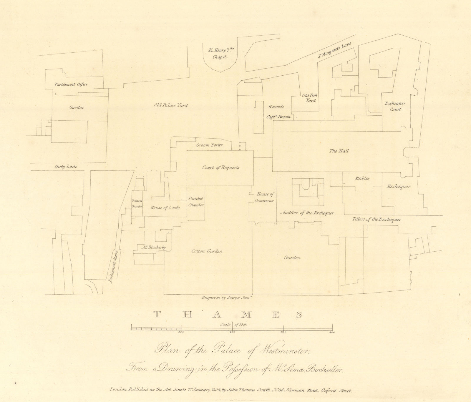 Plan of the Palace of Westminster by Richard Sawyer 1807 old antique map chart