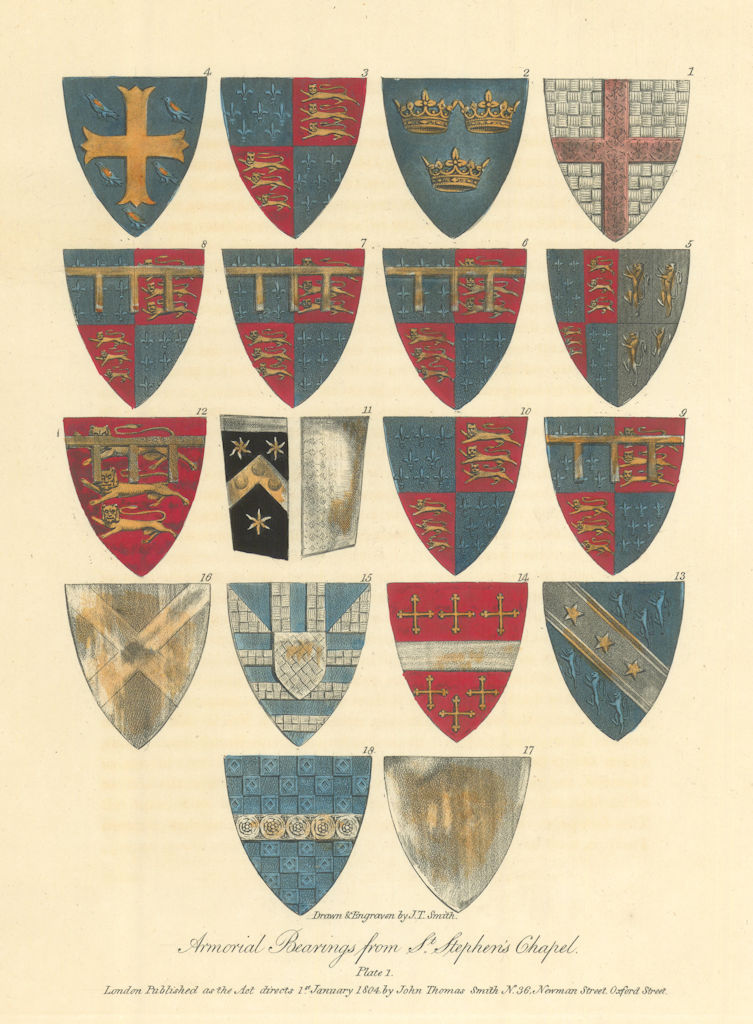 Armorial Bearings from St. Stephen's Chapel, Westminster #1 by J.T. Smith 1807