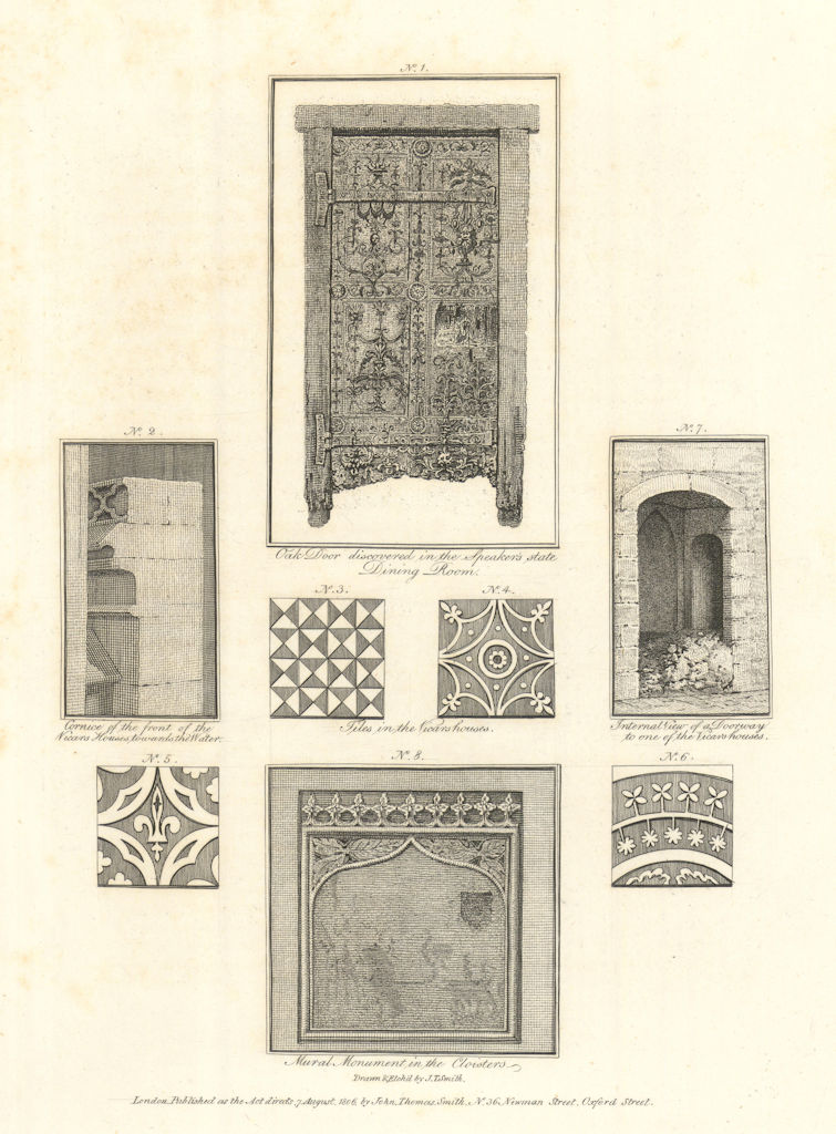 Relics from the old Palace of Westminster by J.T. Smith 1806 antique print