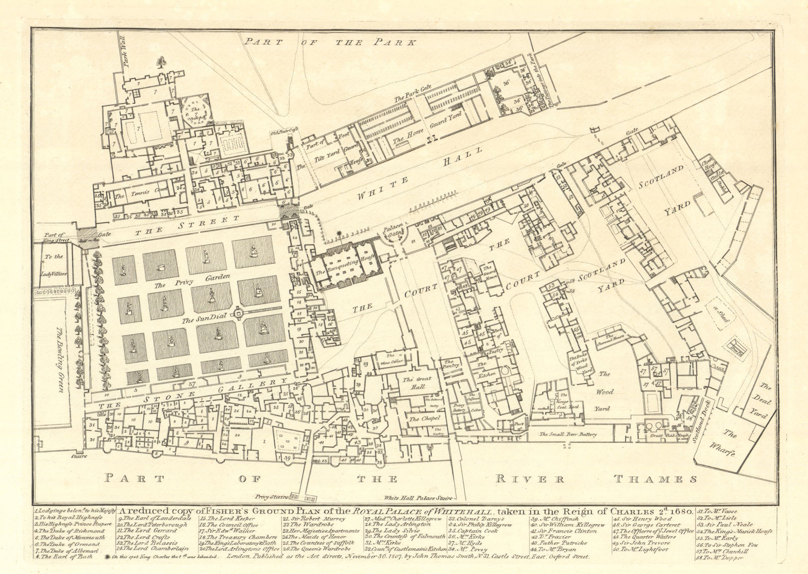 Fisher's Plan of the Royal Palace of Whitehall in 1680 by J.T. Smith 1807 map