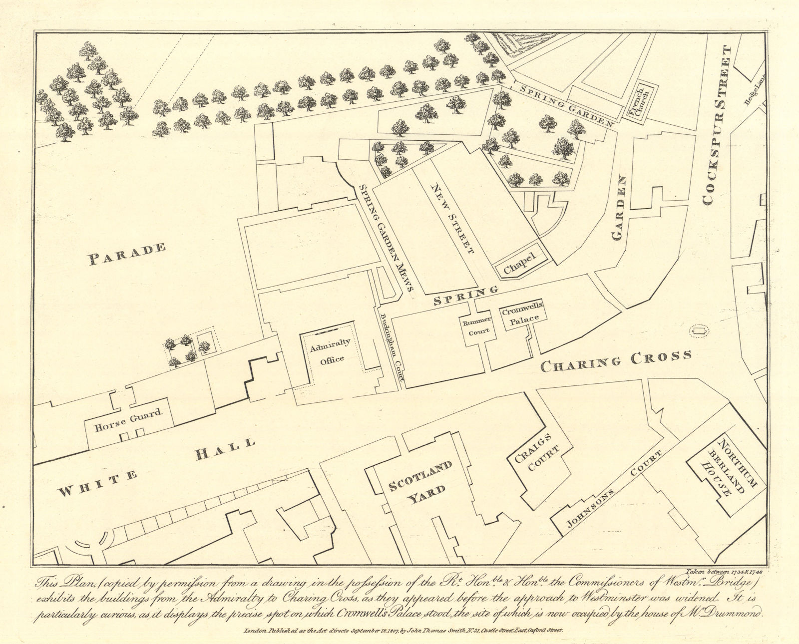 Plan of Charing Cross & Whitehall in 1734. Westminster. J.T. Smith 1807 map