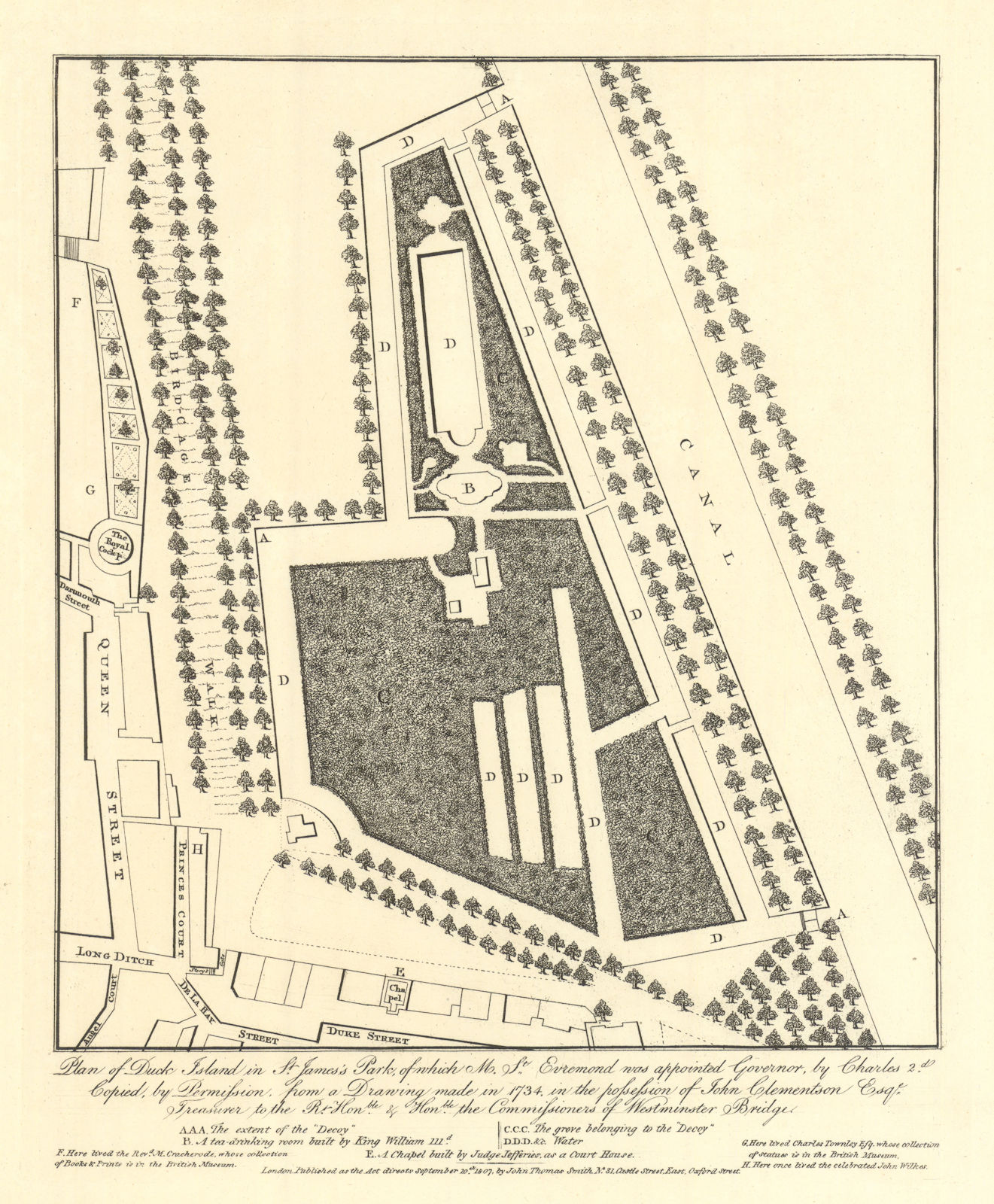 Plan of Duck Island in St James's Park, London in 1734 by J.T. Smith 1807 map