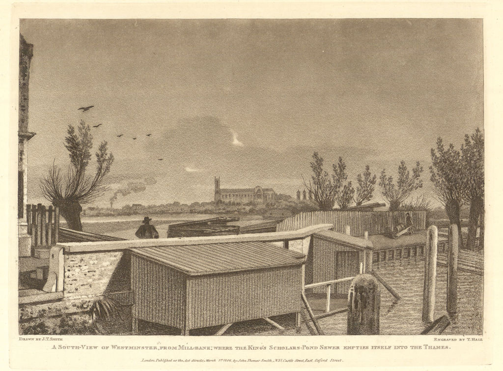 A South View of Westminster, from Millbank. Aquatint by J.T. Smith 1808 print