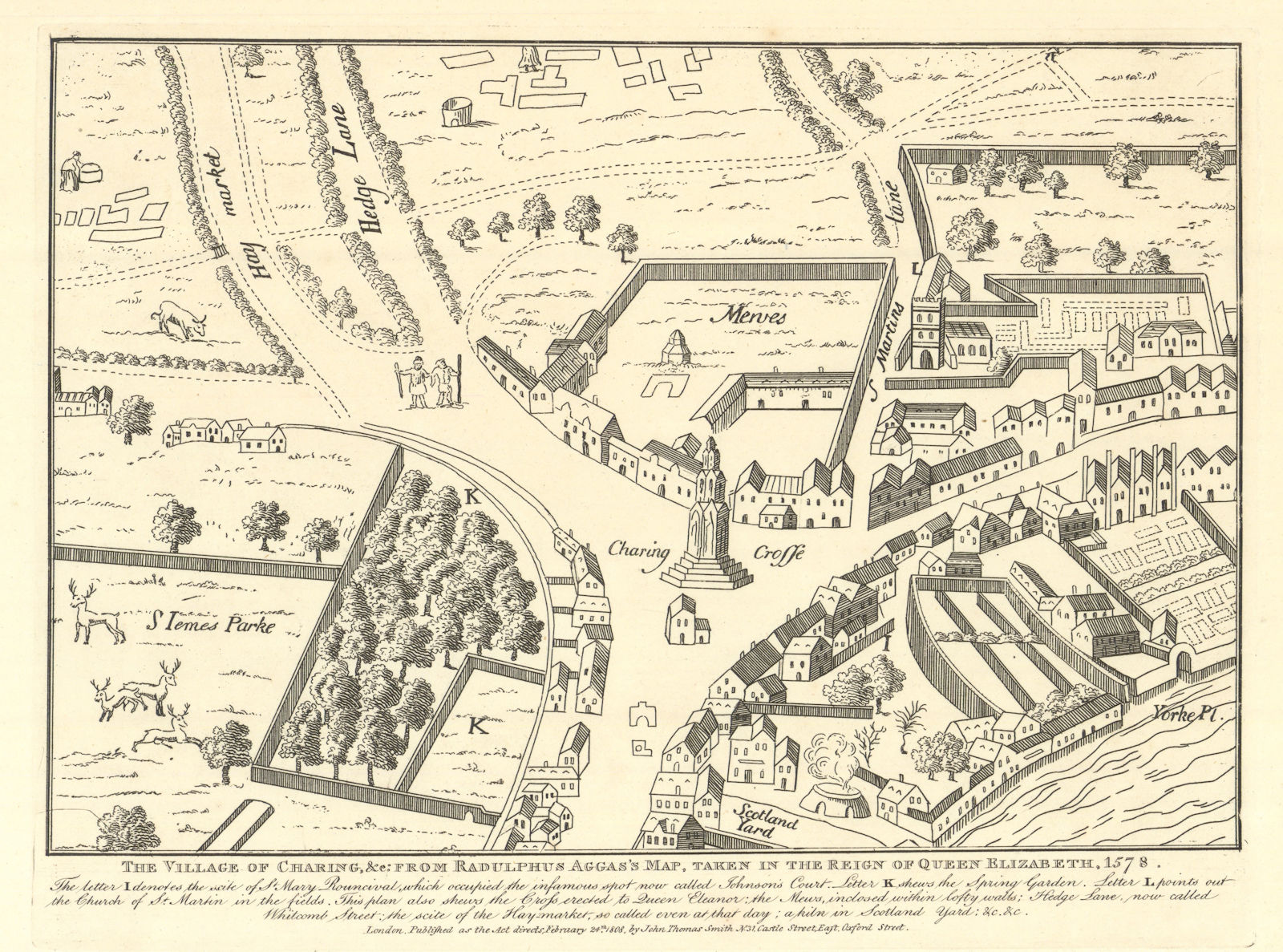 The Village of Charing from Agas’s 1578 map. Charing Cross, London 1808