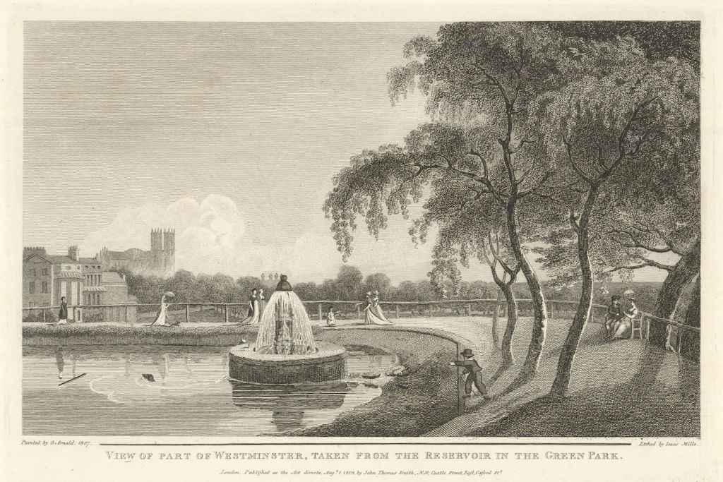 View of part of Westminster from… Green Park by George Arnald 1808 old print