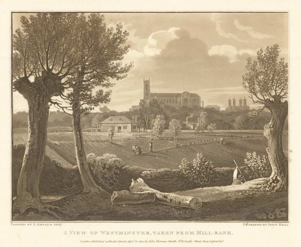 A View of Westminster, taken from Millbank. Aquatint by George Arnald 1808
