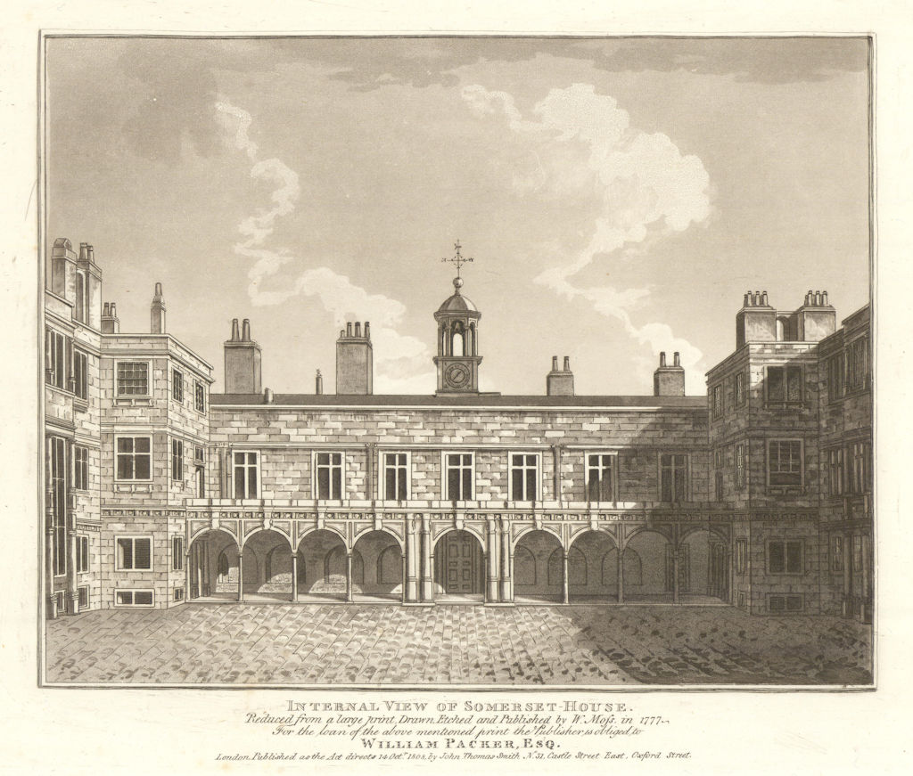 Internal view of Somerset House, London, by W. Moss 1808 old antique print