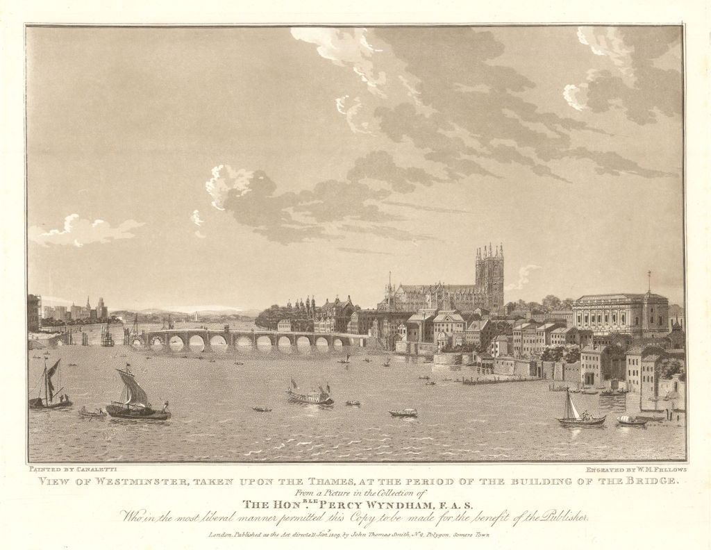 Westminster from the Thames during bridge construction. After Canaletto 1809