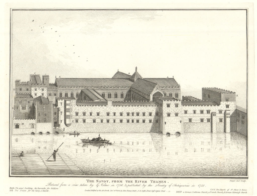 The Savoy Palace, from the River Thames in 1736, by Richard Sawyer 1808 print