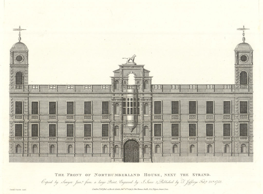 The front of Northumberland House, Westminster, by Richard Sawyer 1809 print