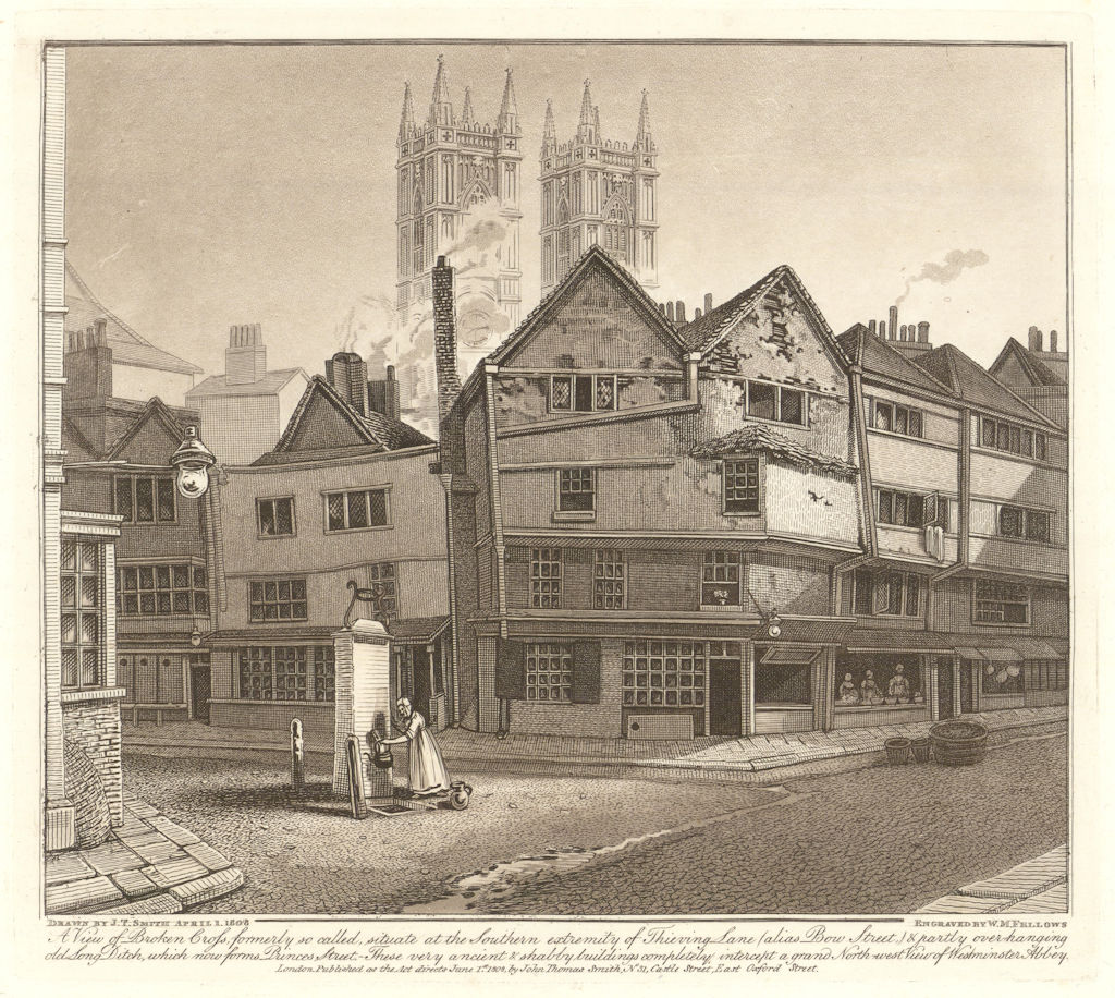 Broken Cross, southern end of Thieving Lane, Westminster. JT Smith aquatint 1808