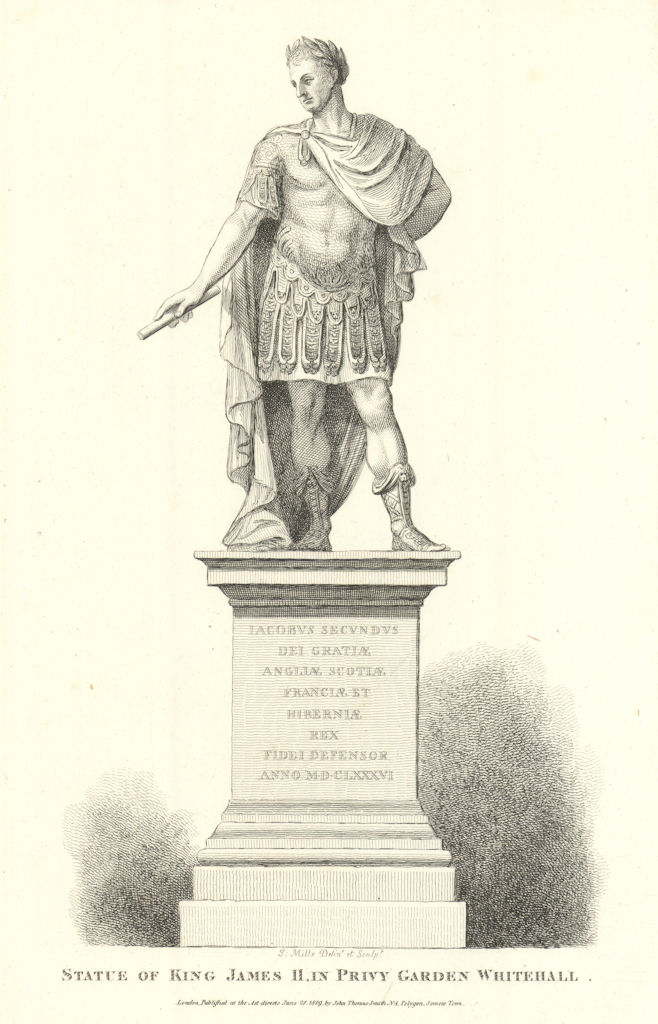 Statue of King James II in Privy Garden, Whitehall by J. Mills 1809 old print