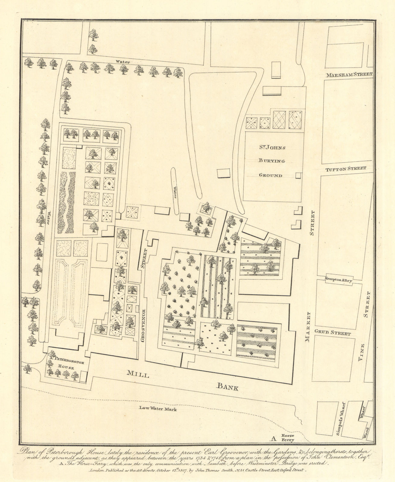 Plan of Peterborough House, the Earl of Grosvenor's residence. JT Smith 1807 map