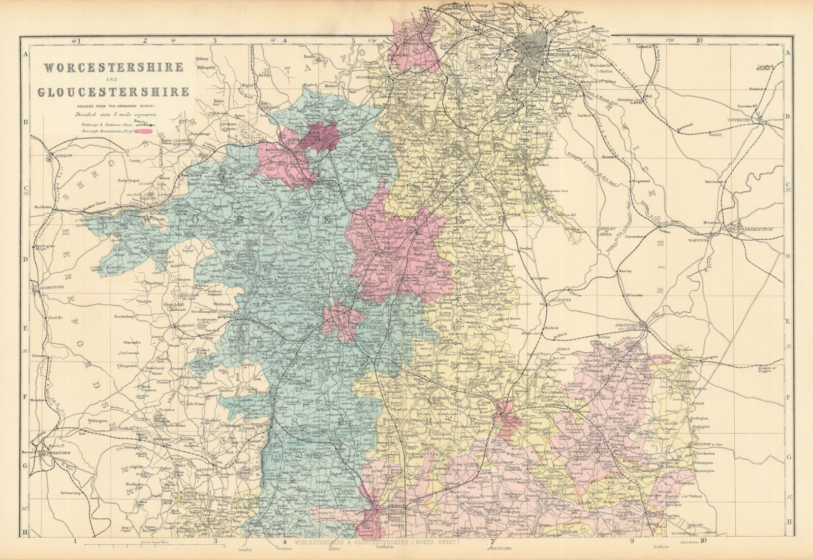 WORCESTERSHIRE & GLOUCESTERSHIRE (North) antique county map by GW BACON 1884
