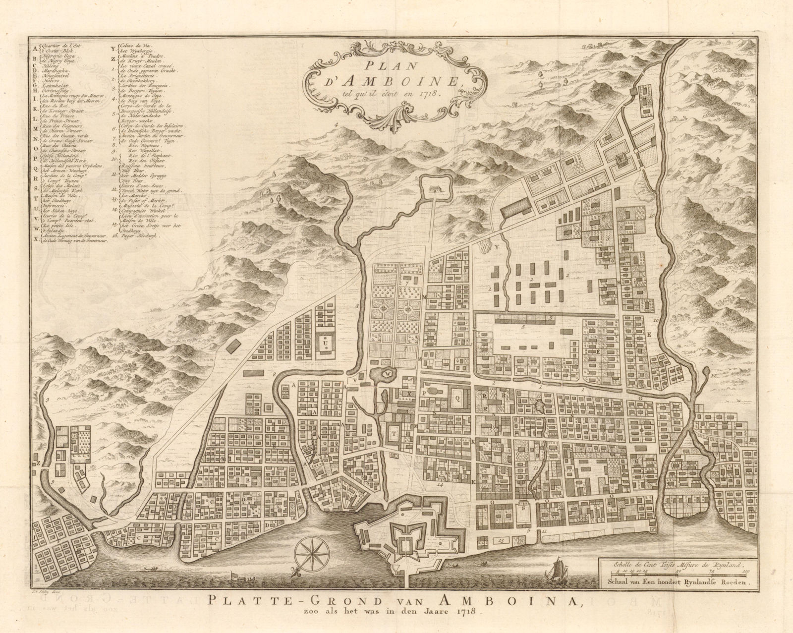 Associate Product 'Plan D'Amboine...en 1718'. Ambon, Dutch East Indies. SCHLEY/BELLIN c1748 map