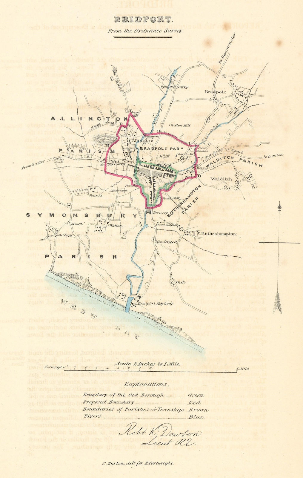 BRIDPORT town/borough plan. REFORM ACT. Bradpole. Dorset. DAWSON 1832 old map