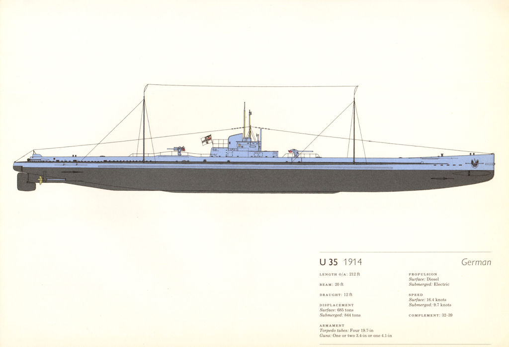 U-35 (1914). German submarine. U-boat. U-Boot. Hugh Evelyn 1970 old print