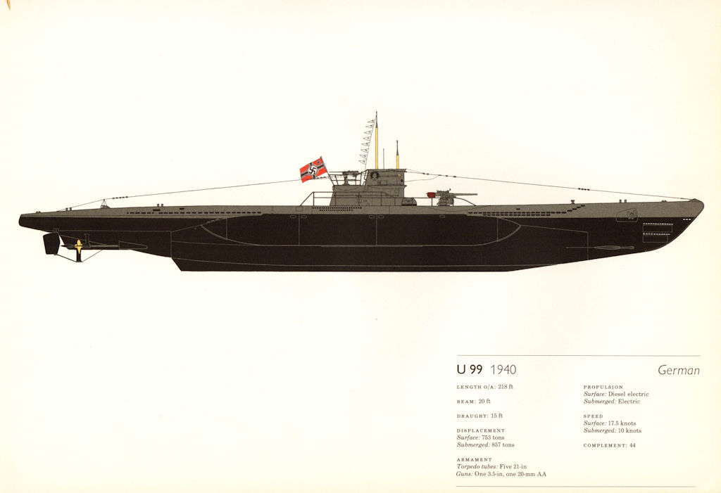 Associate Product U-99 (1940). German submarine. U-boat. U-Boot. Hugh Evelyn 1970 old print