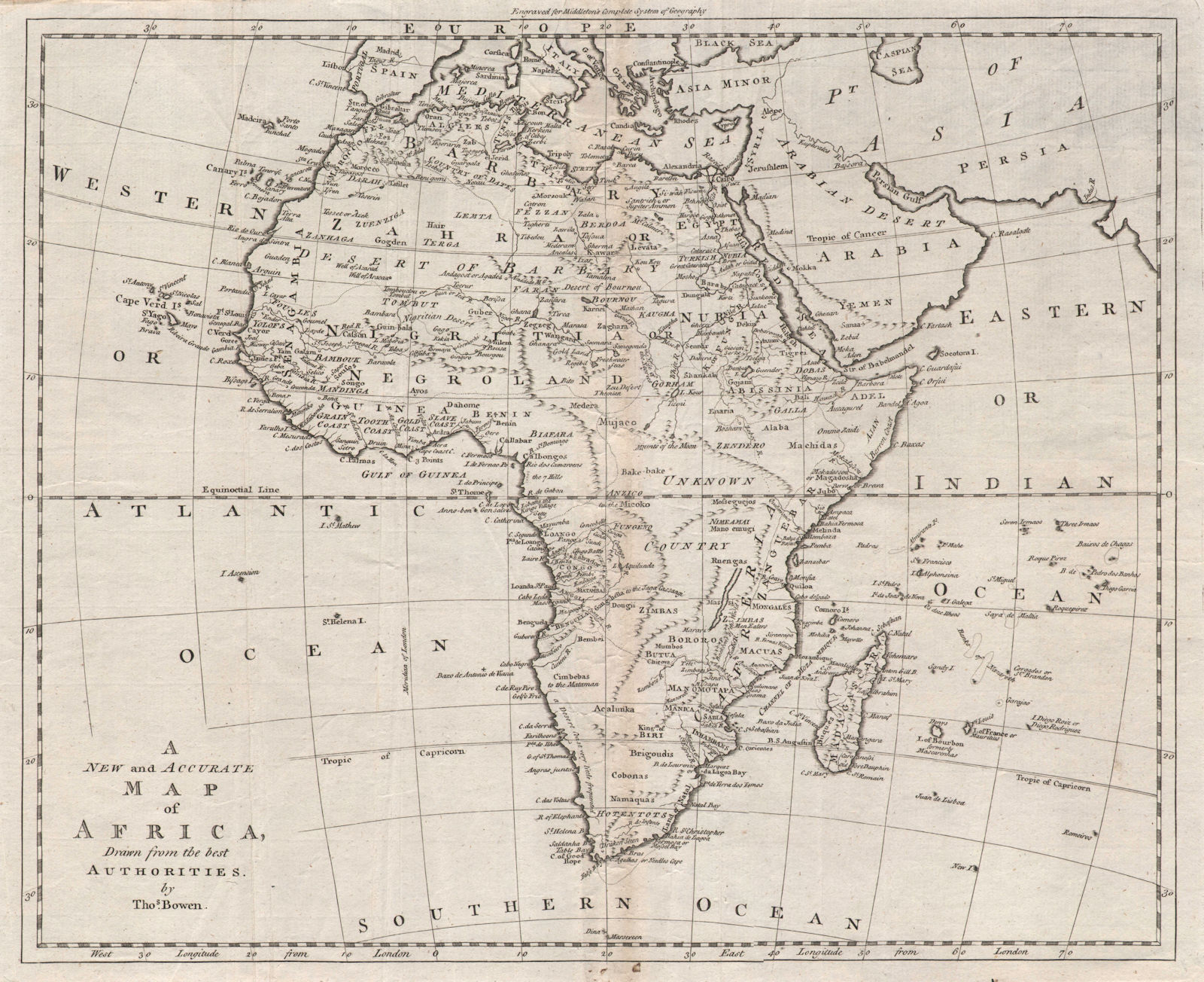 "A new and accurate map of Africa…", by Thomas Bowen 1779 old antique