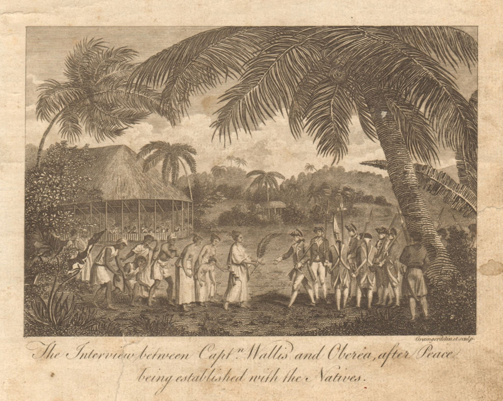 Capt. Wallis meeting Oberea upon peace treaty. Queen Purea, Tahiti. BANKES 1789
