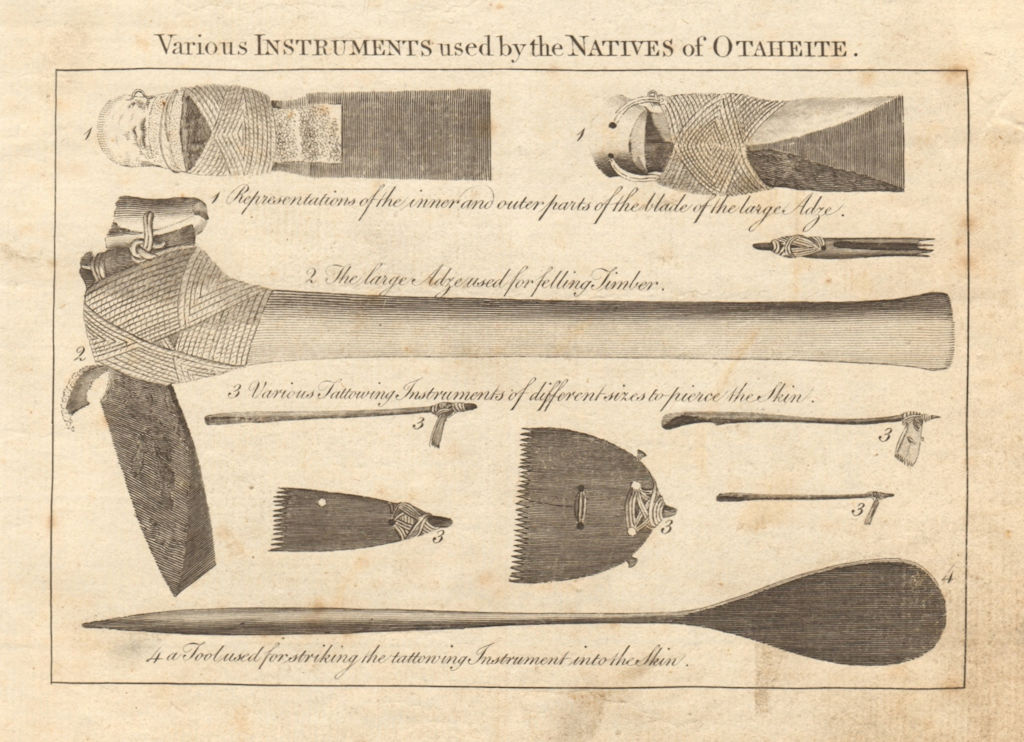 Tahitian tools. Adze blade. Tattoo needles. BANKES 1789 old antique print