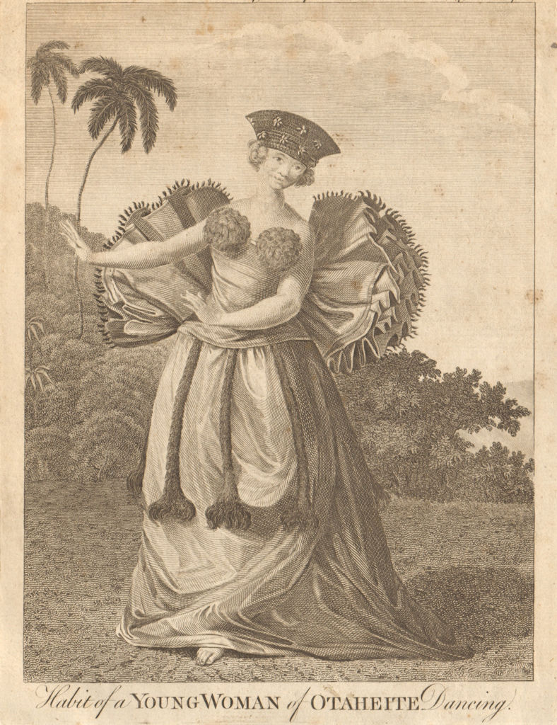 Habit of a young woman of Otaheite dancing. Tahiti, Polynesia. BANKES 1789