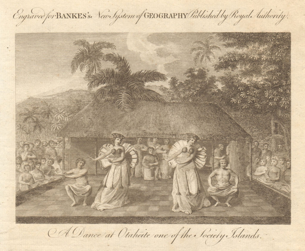 Associate Product A dance at Otaheite one of the Society Islands. Tahiti, Polyinesia. BANKES 1789