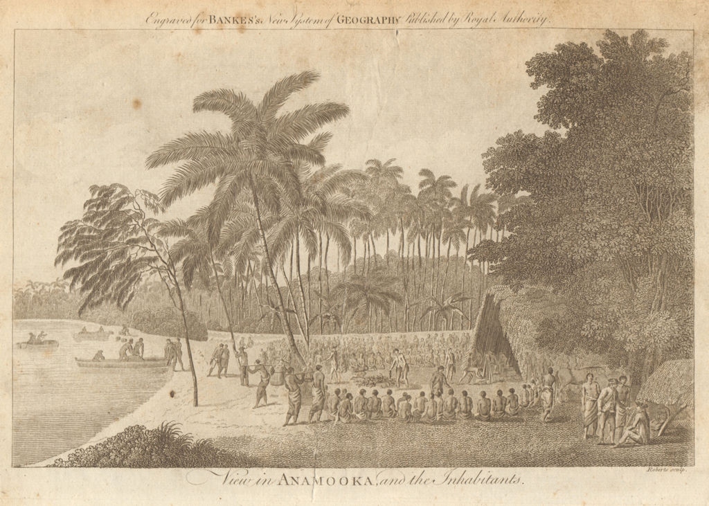 View in Anamooka and the inhabitants. Nomuka, Tonga. BANKES 1789 old print