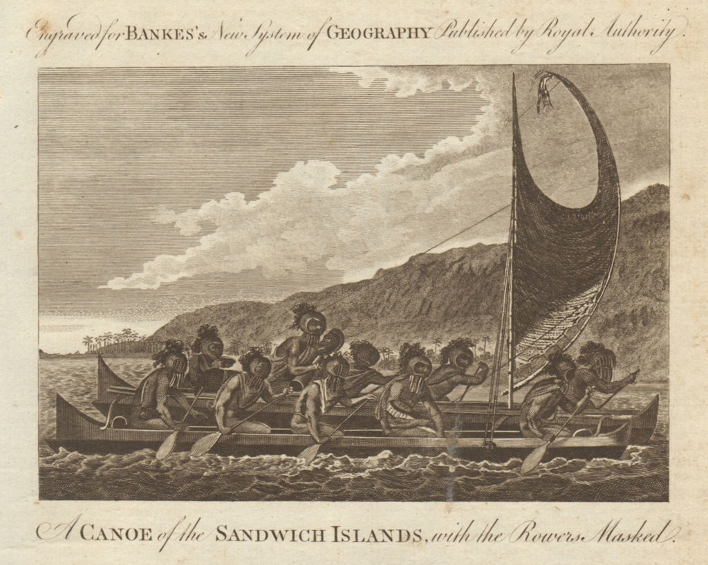 A canoe of the Sandwich Islands, with the rowers masked. Hawaii. BANKES 1789