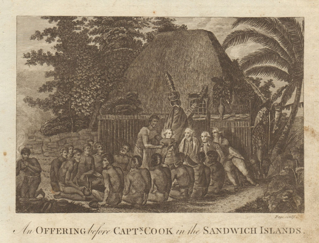 An offering before Captain Cook in the Sandwich Islands. Hawaii. BANKES 1789