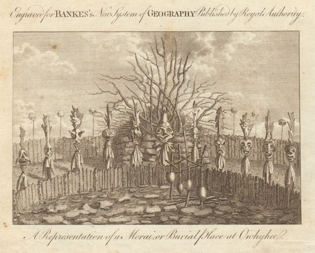 A representation of a morai, or burial place at Owhyhee. Hawaii. BANKES 1789
