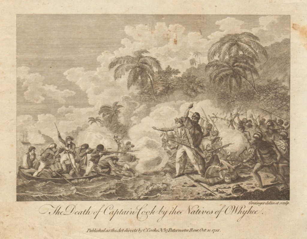 The death of Captain Cook by the natives of Owhyhee. Hawaii. BANKES 1789 print