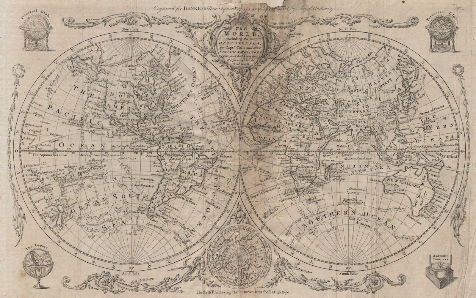 Associate Product The World including the late discoveries by Captn Cook… by Thomas BOWEN 1789 map
