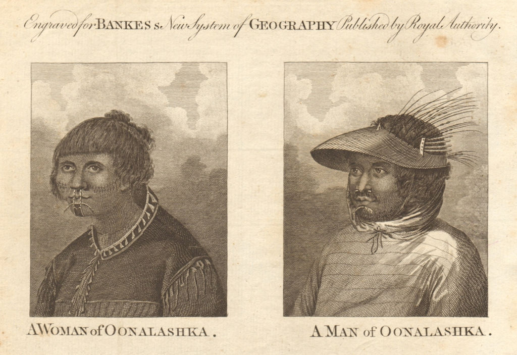 A woman Oonalashka; a man of Oonalashka. Unalaska. Alaska. BANKES 1789 print