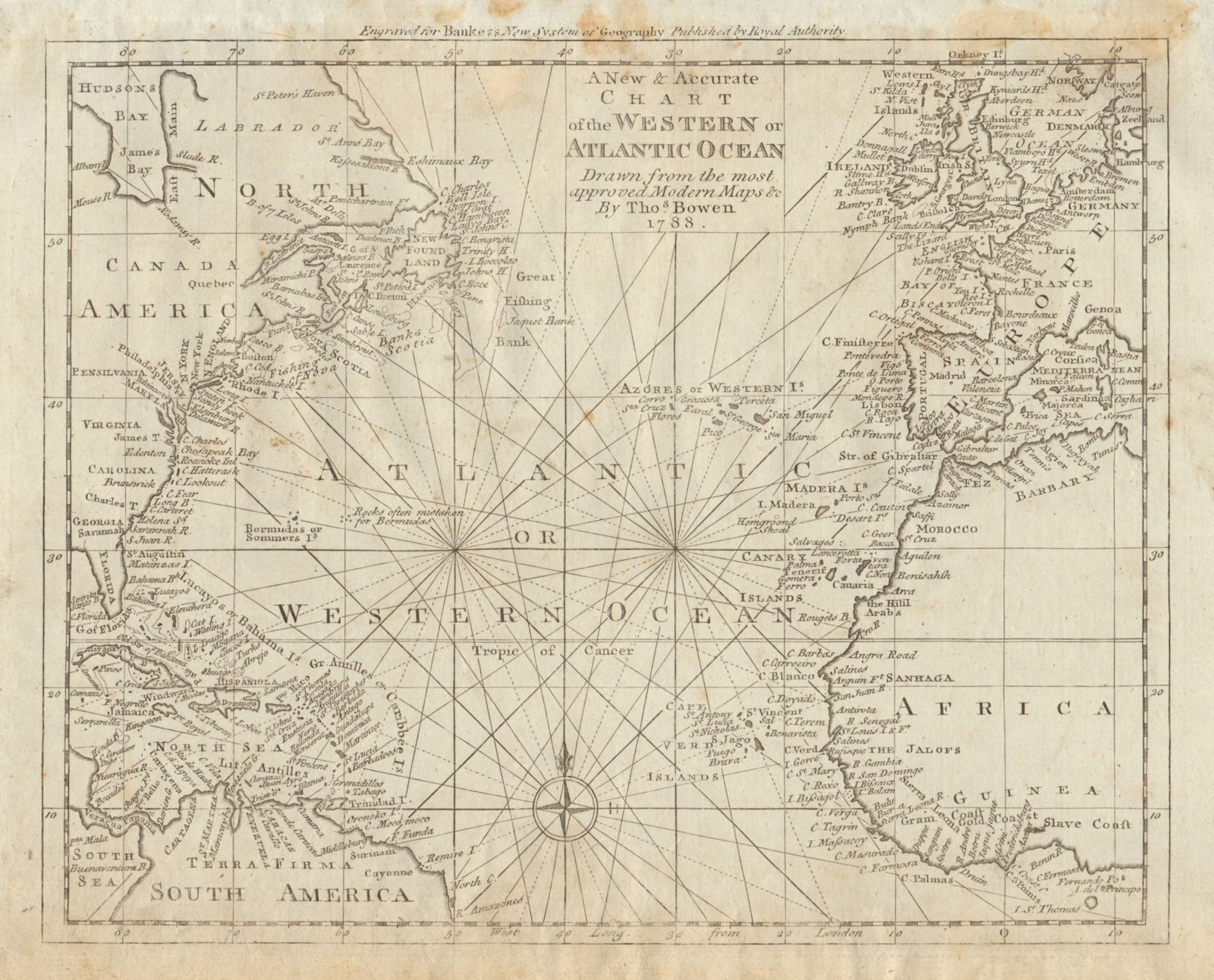 A new & accurate chart of the Western or Atlantic Ocean by Thomas BOWEN 1789 map