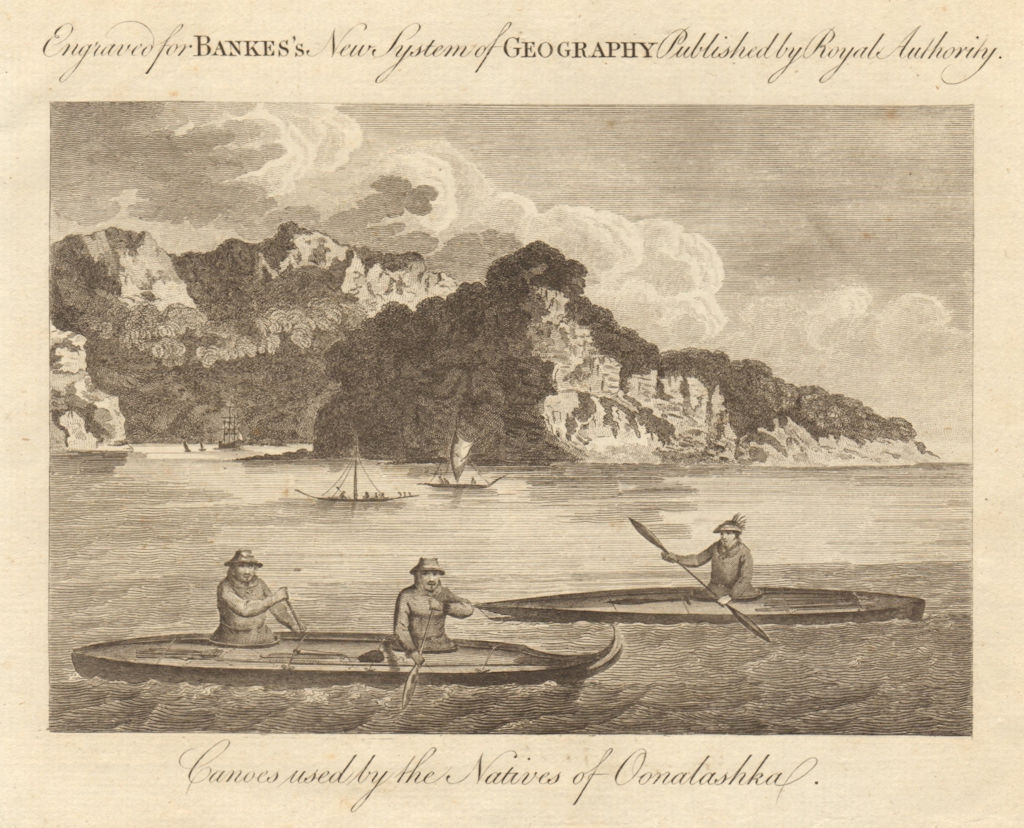 Canoes used by the natives of Oonalashka. Unalaska, Alaska. BANKES 1789 print