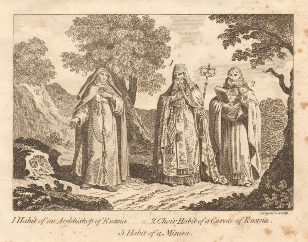 Russia dress. Archbishop. Choir habit of a curate. Minim Friar. BANKES 1789