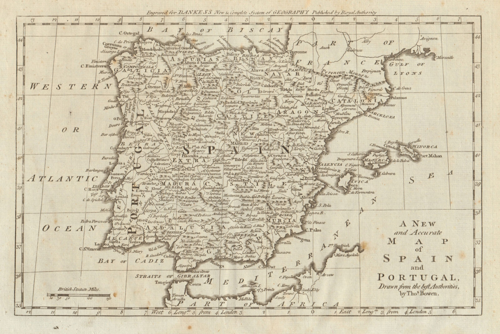 A new and accurate map of Spain and Portugal by Thomas BOWEN. Iberia 1789